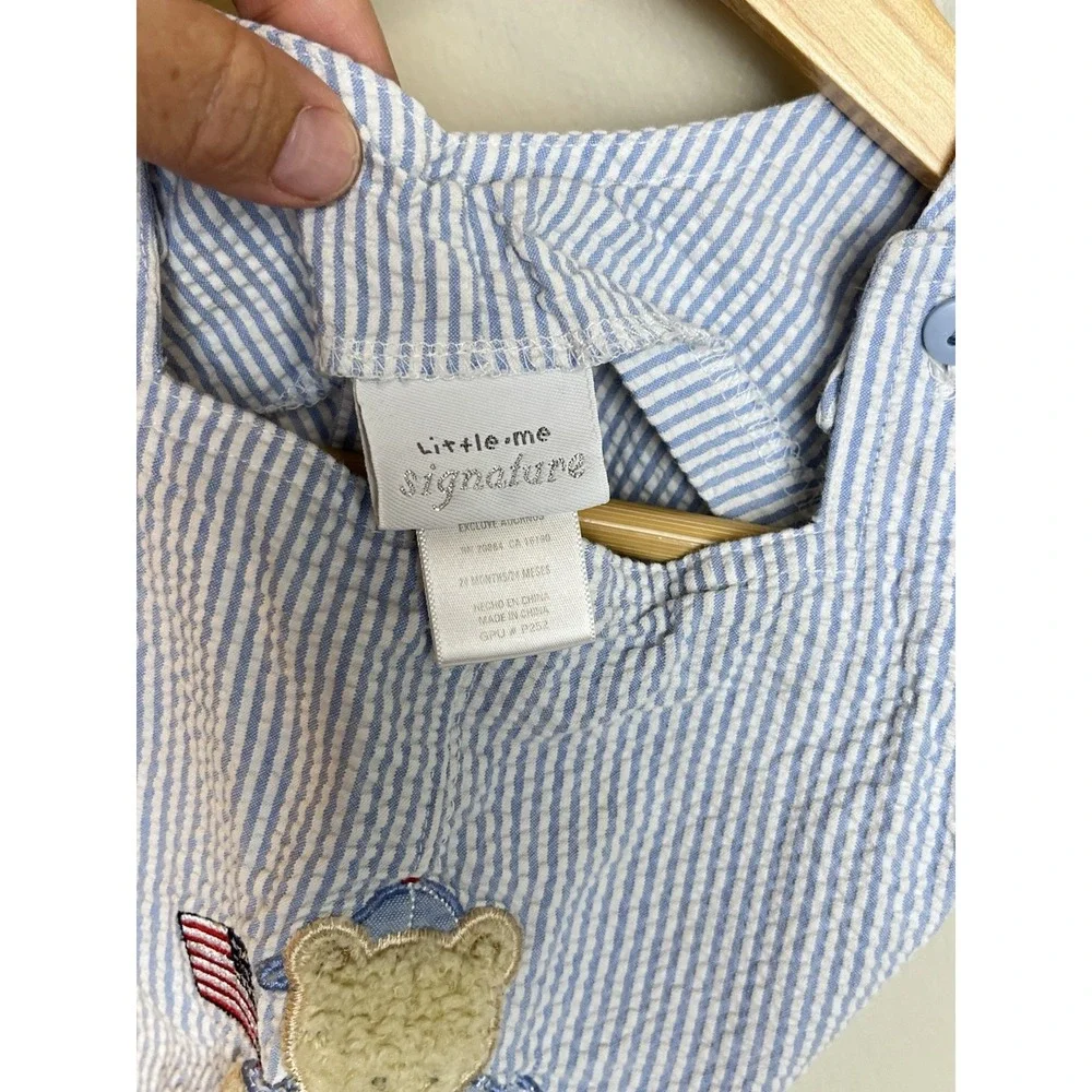 Vtg Striped Romper Bear Flag Americana  24 Months Toddler Blue White Patriotic